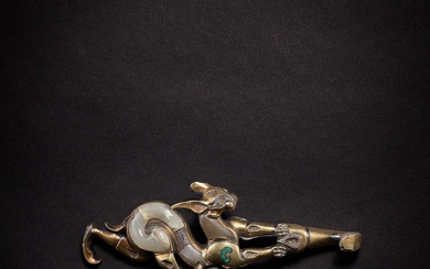 A hardstone and turquoise-inlaid gilt-silver 'mythical creature' belt hook, Western...