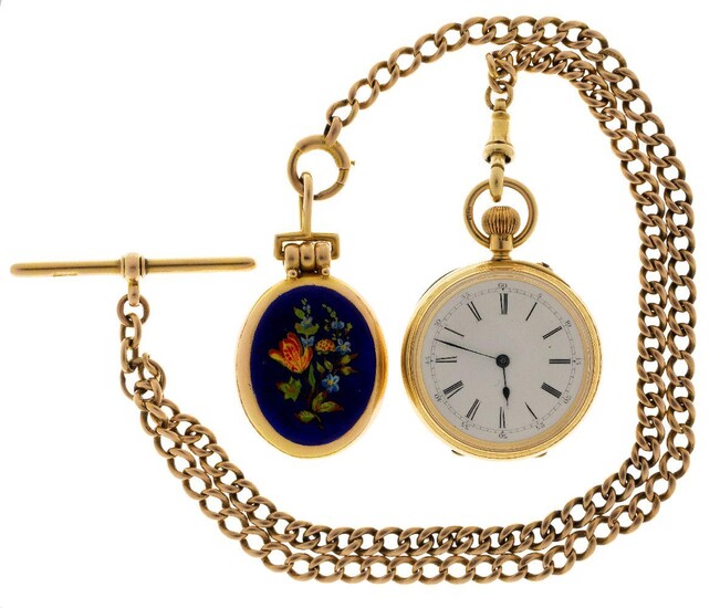 A lady's 18ct gold open faced pocket watch to a 15ct gold Albert chain and locket, the circular white enamel dial applied with Roman numerals, and spade and whip hands, approximate diameter 3cm, jewelled three quarter plate movement, bi-metal split...