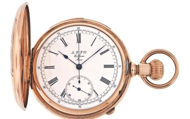 A late 19th century gold cased Waltham five minute repeating pocket chronograph