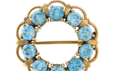 A mid 20th century 9ct gold blue zircon brooch, by Cropp & Farr.