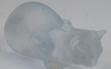 A modern Lalique frosted glass pouncing cat, etched signature 'Lalique R France' to the underside, 23cm long