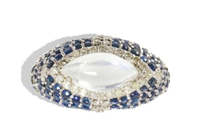 A moonstone, diamond and sapphire ring