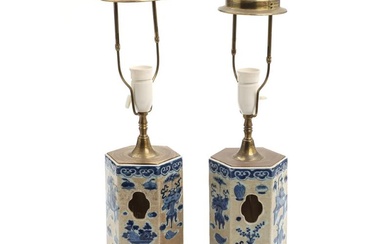 A pair of 20th century Chinese hexagonal porcelain hatstands, decorated in blue...