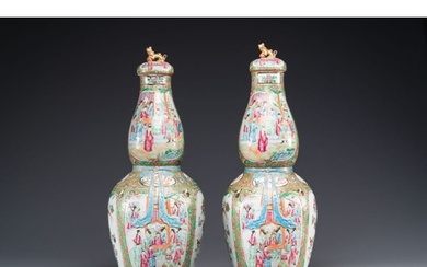 A pair of Chinese Canton famille rose double gourd vases and...
