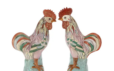 A pair of Chinese export famille rose chickens 20th century With brightly...