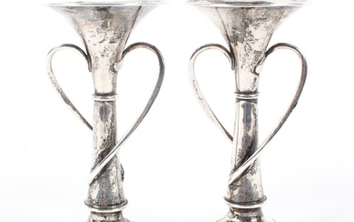 A pair of Edwardian silver spill vases, adorned with two flowing vines in the Art Nouveau style