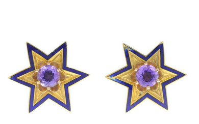 A pair of amethyst and enamel earrings.