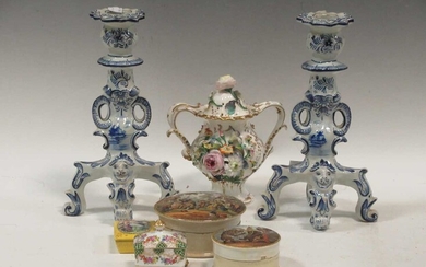 A pair of blue & white faïence candlesticks, together with a Coalbrookdale type pot-pourri jar and