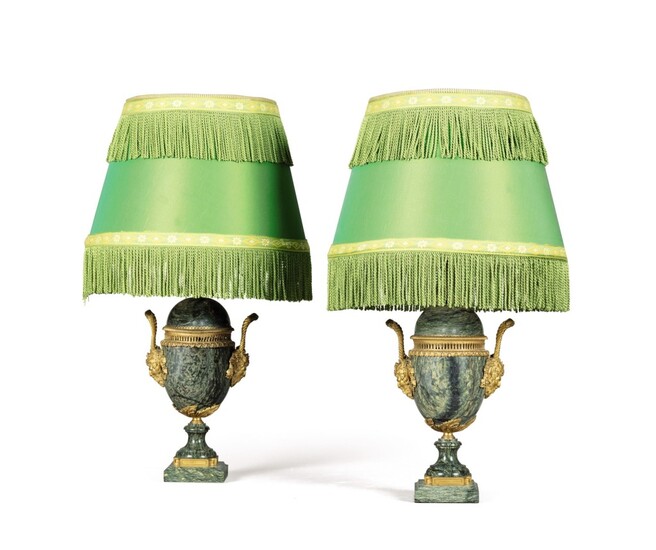 A pair of gilt-bronze-mounted green campana marble lamps, late 19th century