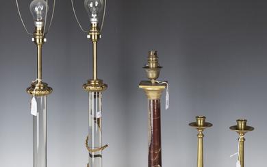 A pair of late 20th century gilt brass and glass columnar table lamps, height 55cm, together with an