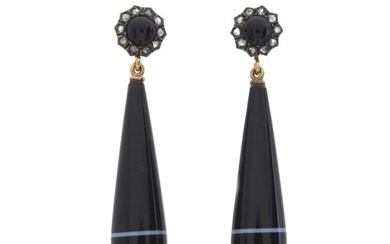 A pair of late Victorian onyx and diamond drop earrings