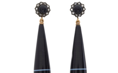 A pair of late Victorian onyx drop earrings, with onyx caboc...