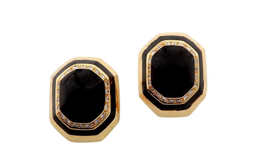 A pair of onyx and diamond earrings