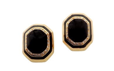 A pair of onyx and diamond earrings