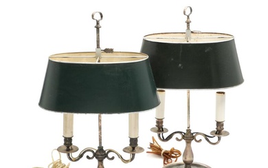 A pair of silver plated bouilotte lamps, each with two electrical lights...