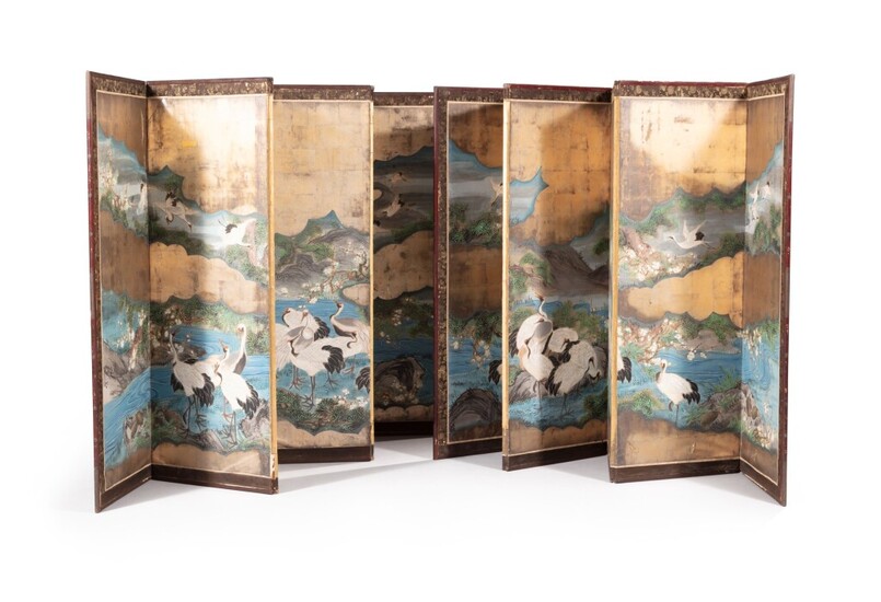 A pair of six-panel Kano School screens, 19th century | Paire de paravents, école de Kano, fin du XIXe siècle