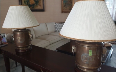 A pair of table lamp with brass stand and white fabric shade