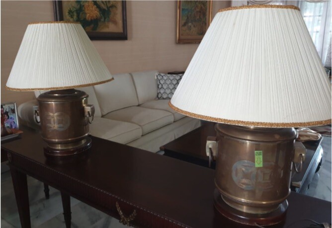 A pair of table lamp with brass stand and white fabric shade