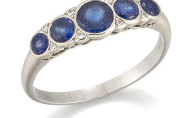 A platinum diamond and sapphire ring, the five graduating circular...