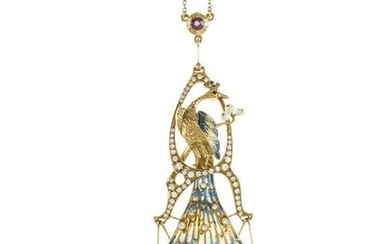 A plique-a-jour enamel and gem-set peacock necklace