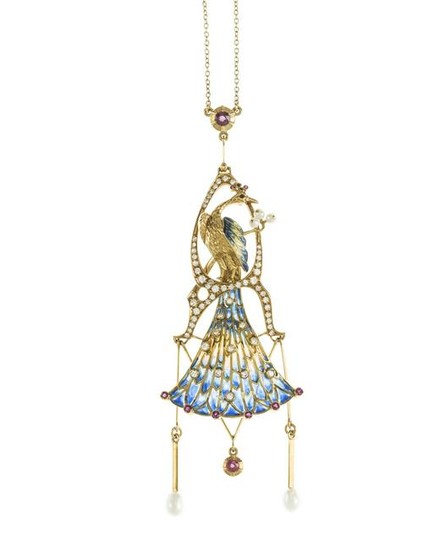 A plique-a-jour enamel and gem-set peacock necklace