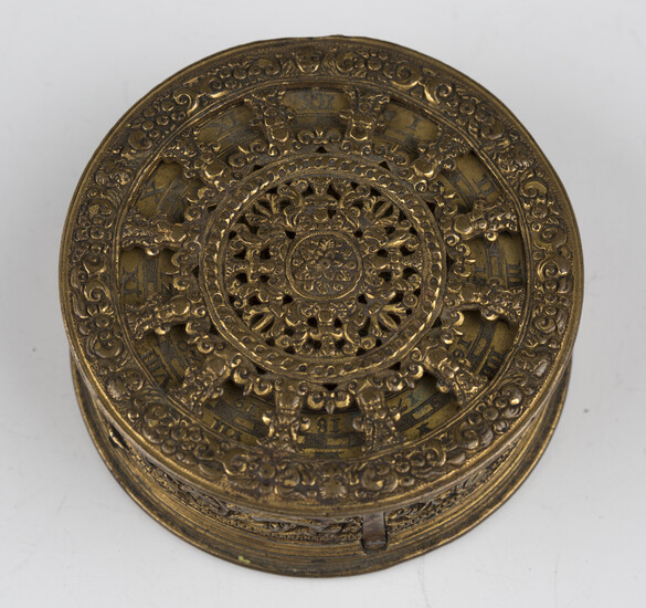 A rare late 16th century German gilt brass circular pocket watch case, probably Augsburg or Nurember