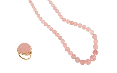 A rose quartz necklace and ring