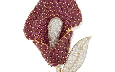 A ruby and diamond brooch designed as a lily...