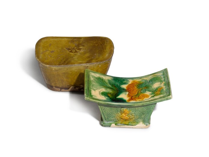 A sancai pottery pillow, Jin dynasty | 金 三彩荷花童子紋枕, A sancai pottery pillow, Jin dynasty | 金 三彩荷花童子紋枕