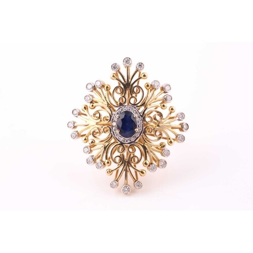 A sapphire and diamond openwork cluster ring; the large squa...