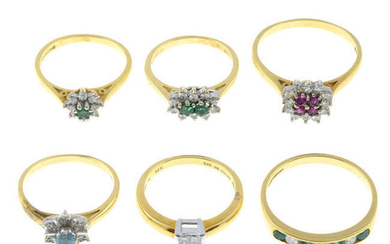 A selection of six diamond and gem-set rings.
