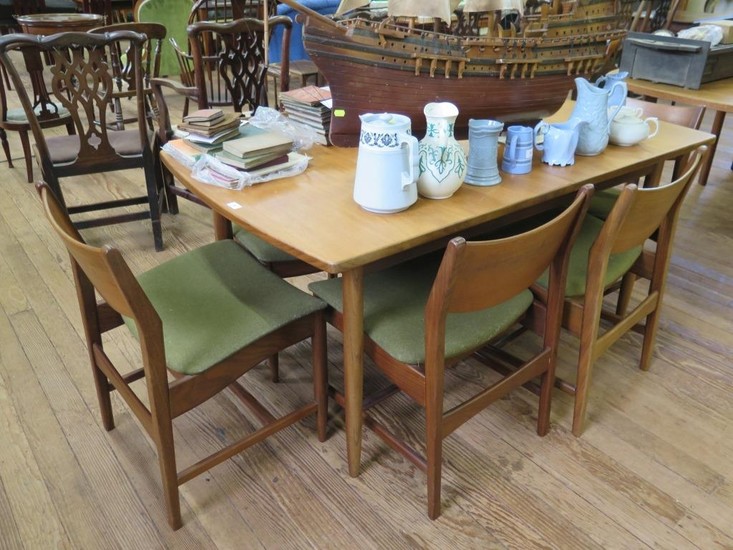 A set of six 1970s teak dining chairs, with broad top rails ...