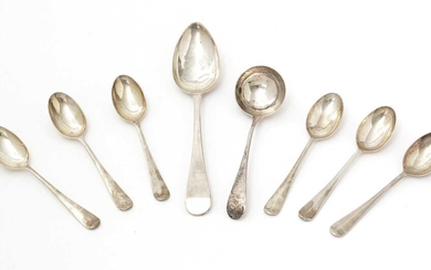 A set of six Elizabeth II silver large teaspoons; sauce ladle; and tablespoon.