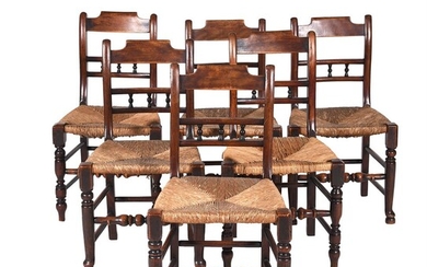 A set of six stained and turned chairs