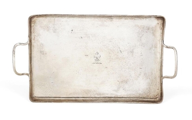 A small George III silver tray, London 1791, maker's mark rubbed, of plain, rectangular form with twin handles and fleur-de-lys crest to centre, 25.8cm long (inc. handles), 14.4cm wide, approx. weight 7.5oz