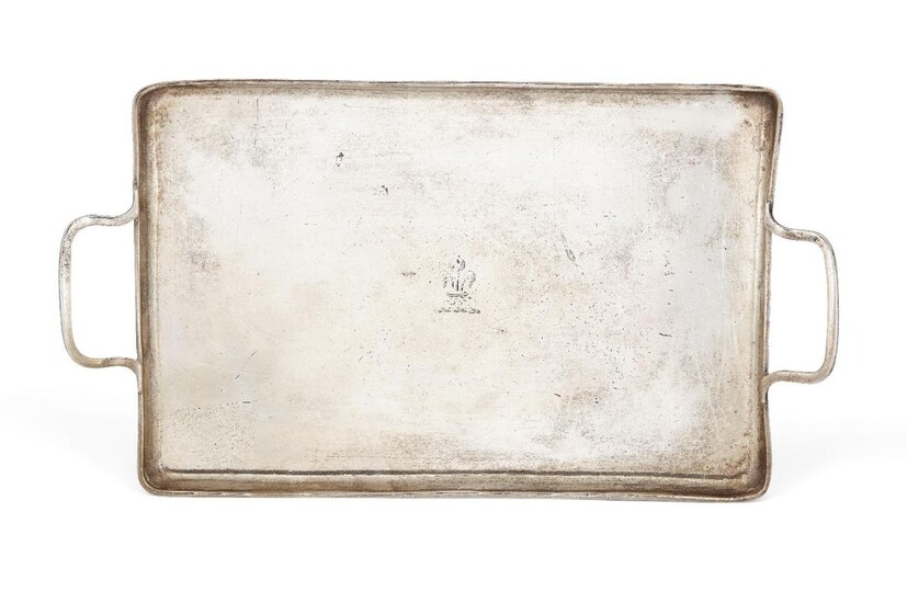 A small George III silver tray, London 1791, maker's mark rubbed, of plain, rectangular form with twin handles and fleur-de-lys crest to centre, 25.8cm long (inc. handles), 14.4cm wide, approx. weight 7.5oz