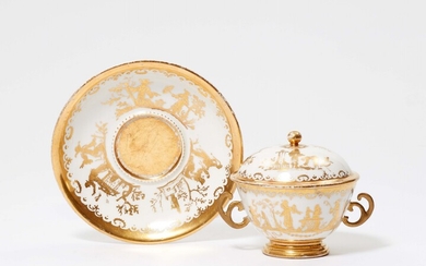 A small Meissen Böttger porcelain ecuelle with Augsburg gilt decor