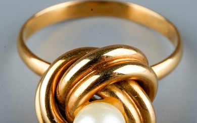 A yellow gold and cultured pearl ring, set with a 5mm pearl ...