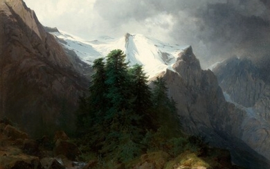 ALEXANDRE CALAME(Vevey 1810-1864 Menton)Torrent au bas du Wetterhorn ; effet d'orage. 1863.Huile sur bois.Signé en...