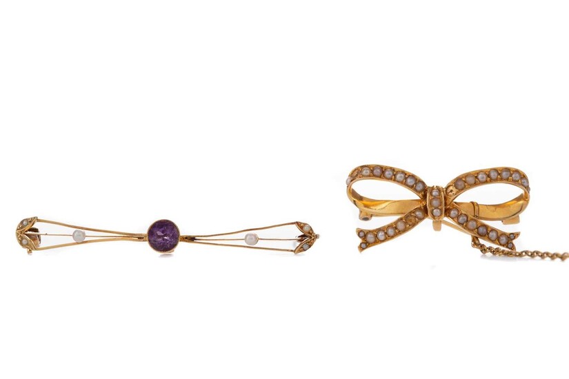 AN AMETHYST AND PEARL BAR BROOCH AND A BOW BROOCH