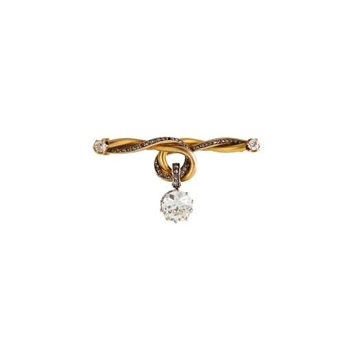 AN ANTIQUE DIAMOND BROOCH, the diamond set knotted gold bar ...