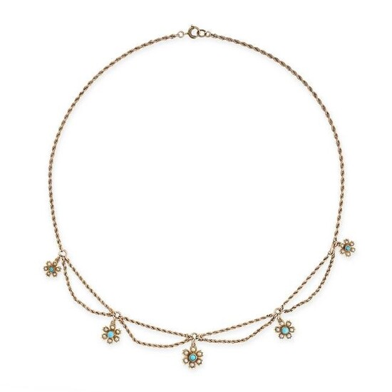 AN ANTIQUE TURQUOISE AND PEARL NECKLACE in yellow gold