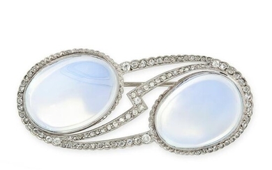 AN ART DECO MOONSTONE AND DIAMOND BROOCH set with two