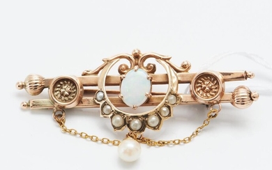 AN OPAL AND SEED PEARL BAR BROOCH IN 9CT GOLD BY R.ROLLASON OF MELBOURNE, HALLMARKED, LENGTH 50MM, 3.6GMS