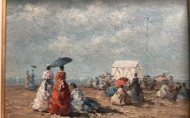 AT THE SEASIDE ON A PARISIAN DAY OIL ON BOARD SIGNED BY THE ARTIST LOWER RIGHT