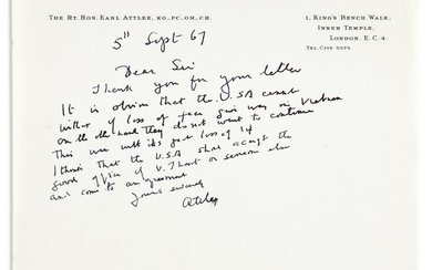 ATTLEE, CLEMENT. Autograph Letter Signed, "Attlee," to