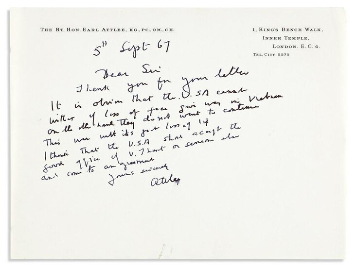 ATTLEE, CLEMENT. Autograph Letter Signed, "Attlee," to