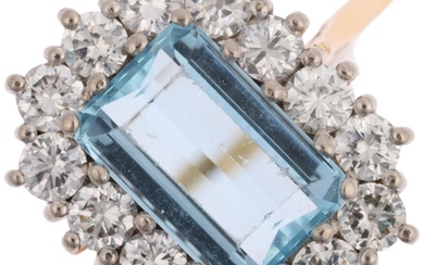 An 18ct gold aquamarine and diamond rectangular cluster ring...