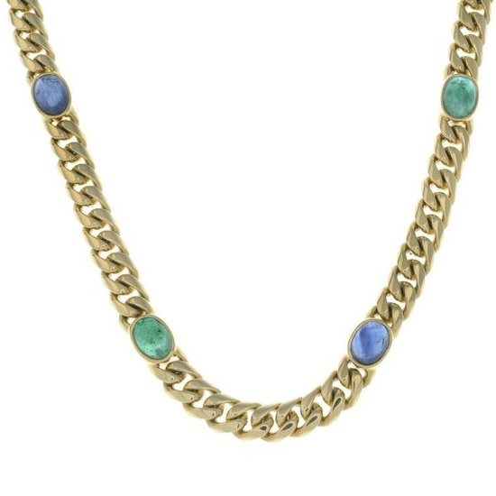 An 18ct gold curb-link necklace, with sapphire and