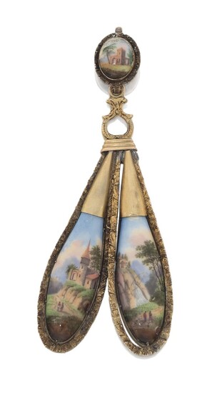 An 18th century gold mounted Swiss enamel pendant, probably converted from a pair of earrings, composed of two long, tapering Swiss enamel panels, each painted to depict a rural mountainous scene, with chased decoration, to a matching oval panel...